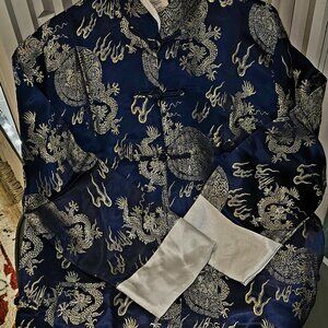 2-Piece Royal Blue & Gold Dragon Brocade Set – Kimono & Pants